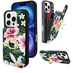 TopPerfekt iPhone 16 Pro Case Wallet Floral Green RFID rotating ring kickstand
